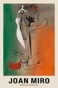Joan Miró's 1935 painting showing an abstract figure (the Man) with a large yellow eye holding a colorful bird against a background split into green and burnt orange.