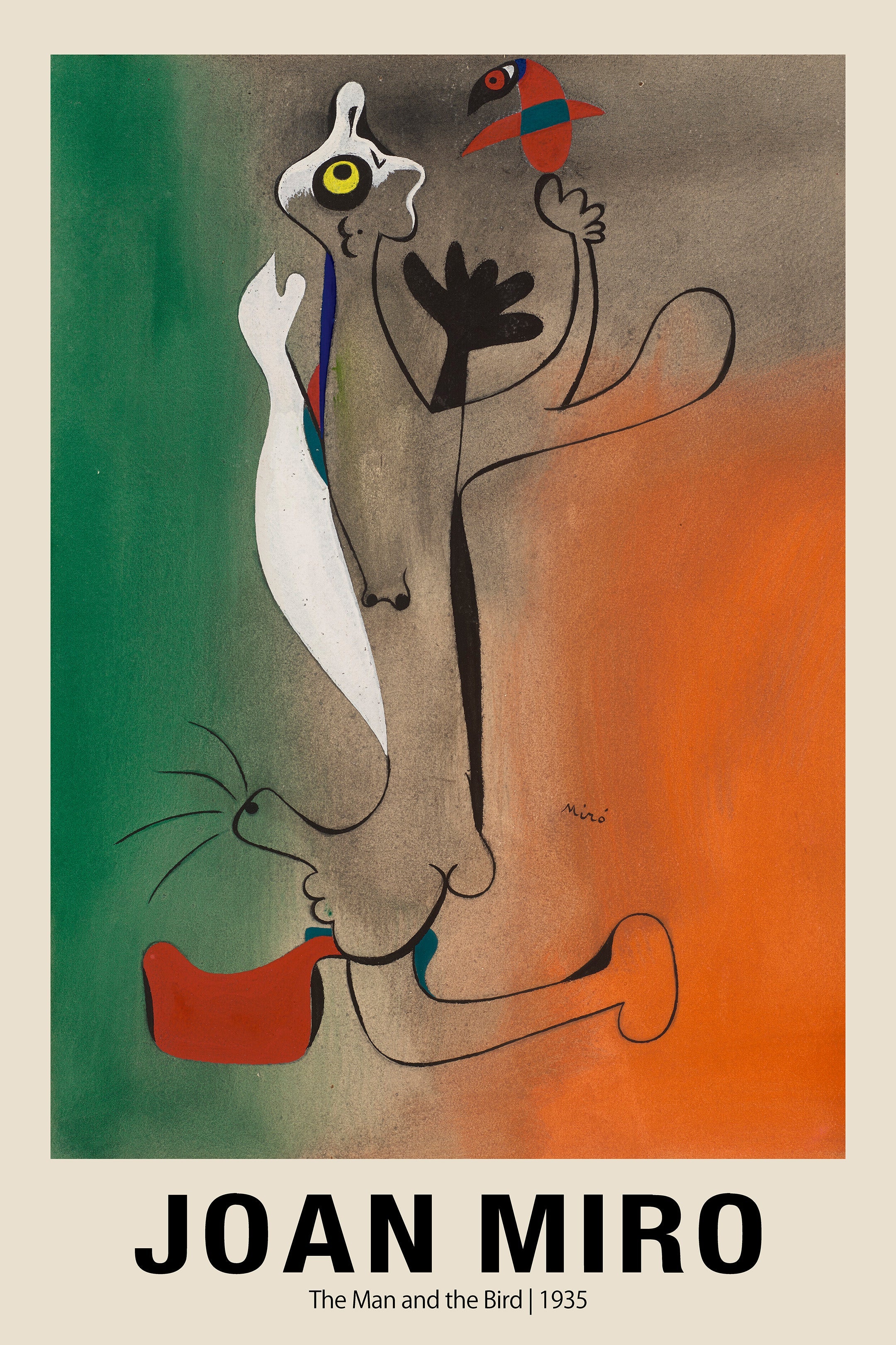 Joan Miró's 1935 painting showing an abstract figure (the Man) with a large yellow eye holding a colorful bird against a background split into green and burnt orange.