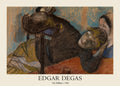 Edgar Degas pastel drawing, "The Milliner," showing a resting woman and a second figure, characterized by dark charcoal lines and vibrant blue and ochre strokes.