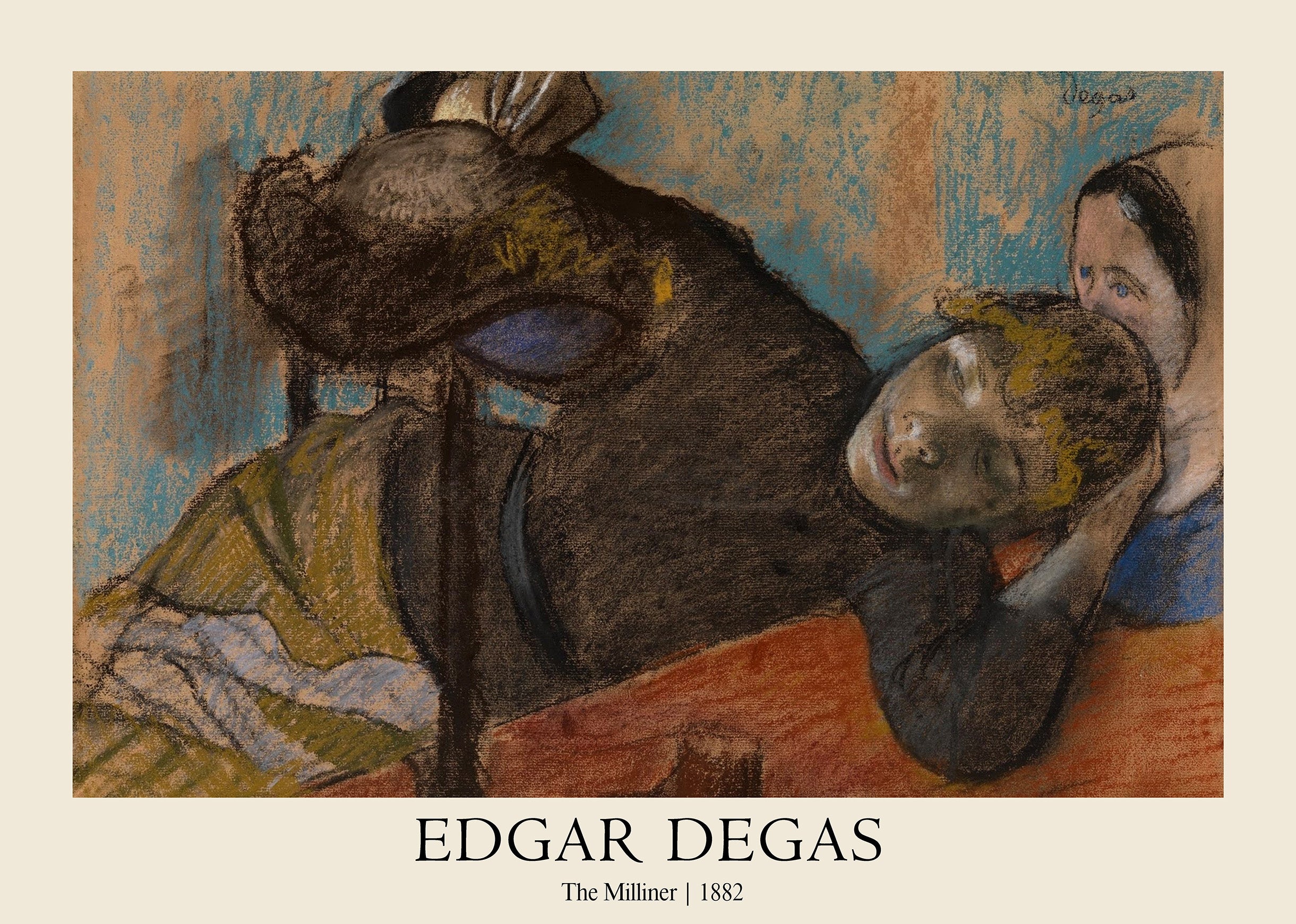 Edgar Degas pastel drawing, "The Milliner," showing a resting woman and a second figure, characterized by dark charcoal lines and vibrant blue and ochre strokes.