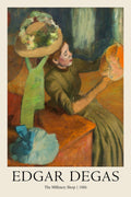 Edgar Degas oil painting, "The Millinery Shop," showing a woman in an olive dress inspecting a flowered hat in 1886.