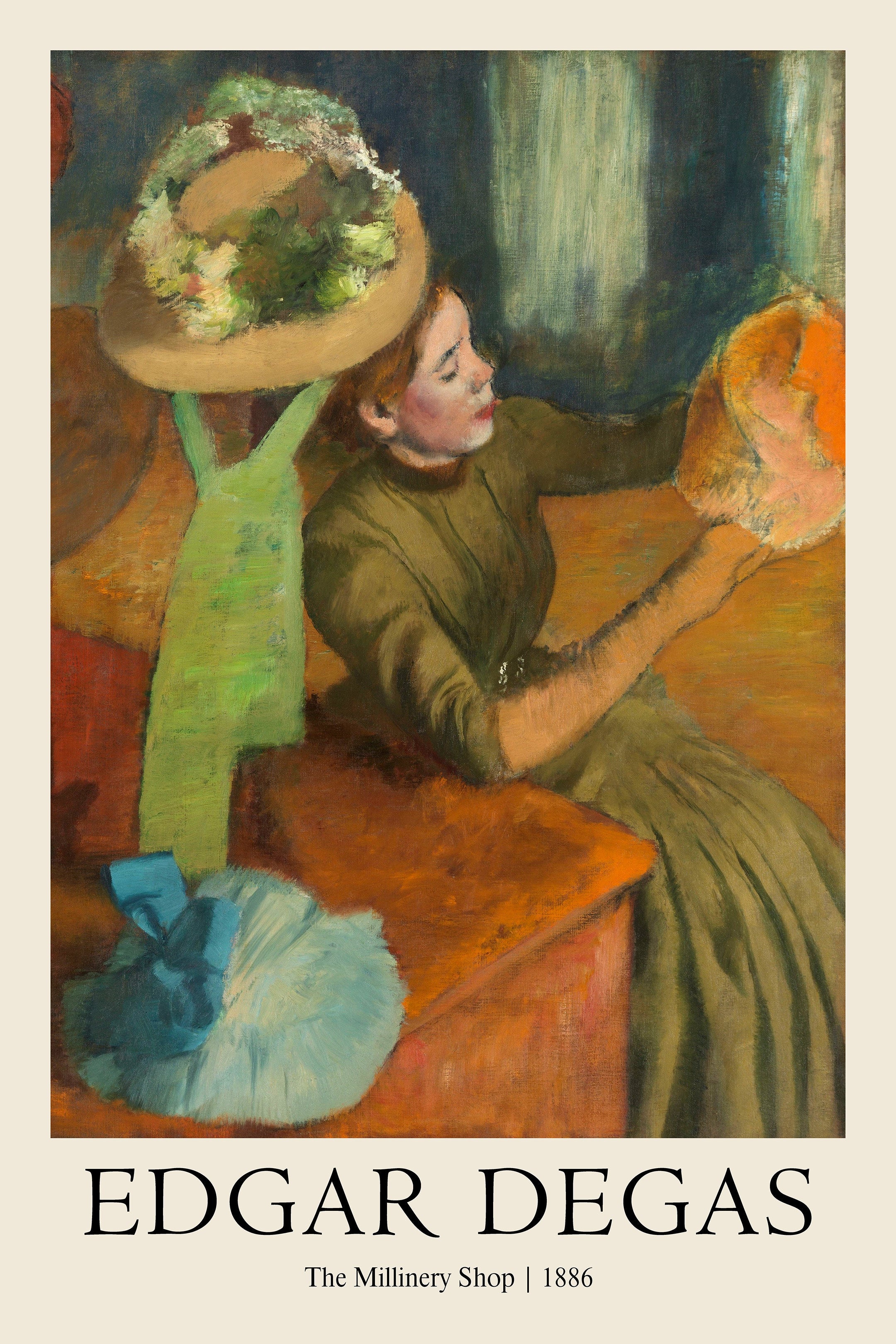 Edgar Degas oil painting, "The Millinery Shop," showing a woman in an olive dress inspecting a flowered hat in 1886.