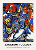 Reproduction print of Jackson Pollock's 1943 painting, featuring dynamic red, yellow, and white brushstrokes on a deep blue background, showcasing early abstract style.