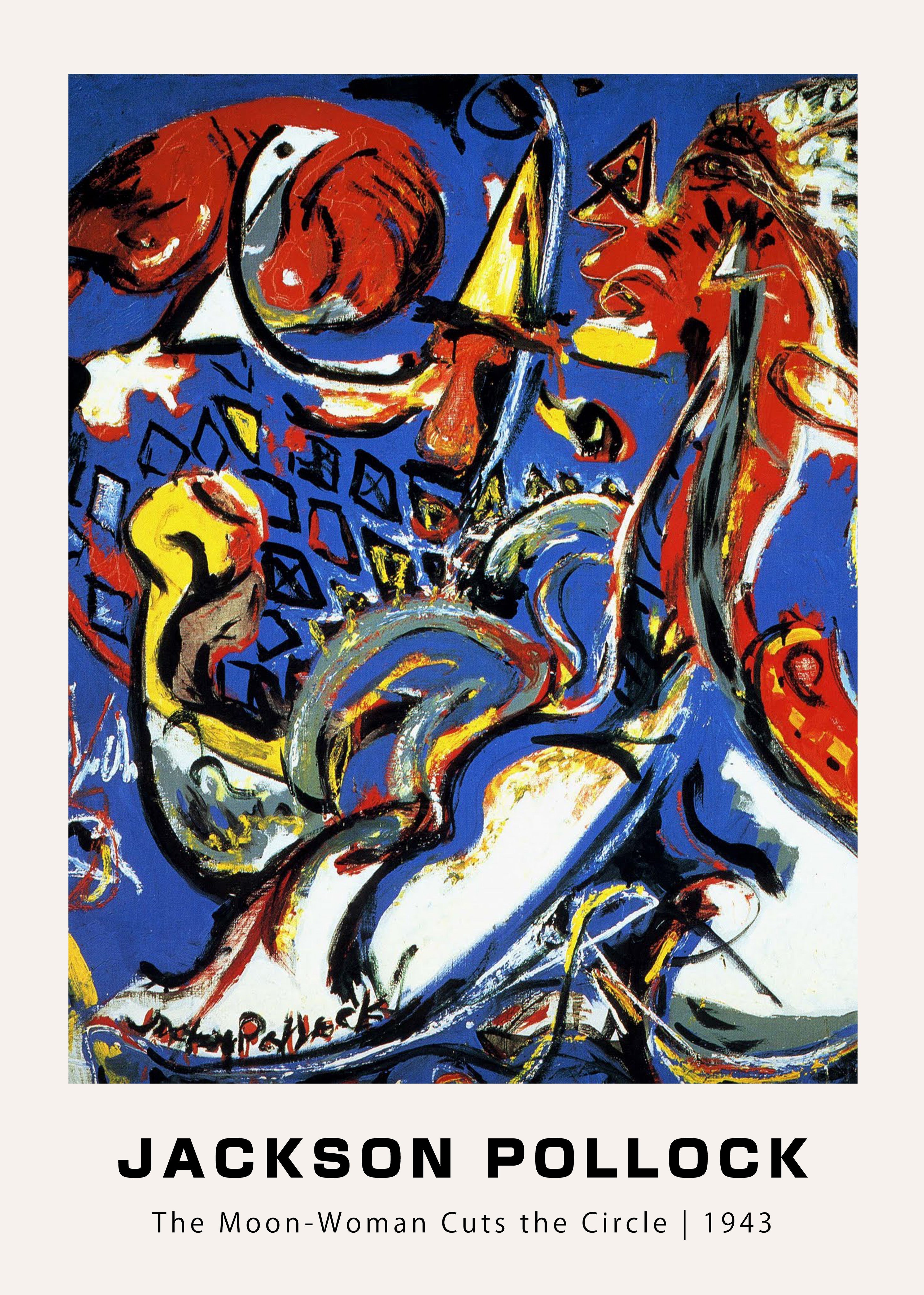 Reproduction print of Jackson Pollock's 1943 painting, featuring dynamic red, yellow, and white brushstrokes on a deep blue background, showcasing early abstract style.