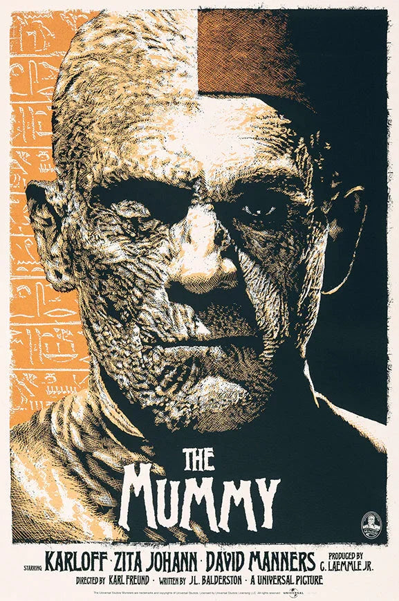 Vintage illustrated poster of The Mummy movie featuring a detailed close-up of the mummy's scarred face with Egyptian hieroglyphics background