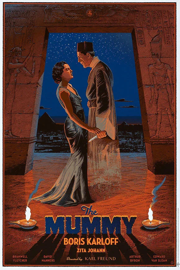 Vintage movie poster for The Mummy featuring woman in black dress holding dagger and mummy figure at ancient Egyptian temple