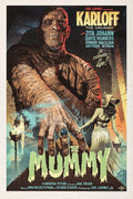 Vintage movie poster for The Mummy featuring a large wrapped mummy and an ancient Egyptian woman with torches