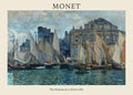 Classic oil painting by Claude Monet titled "The Museum at Le Havre" (1873), showing sailboats docked in a busy French harbor with dark buildings in the background.