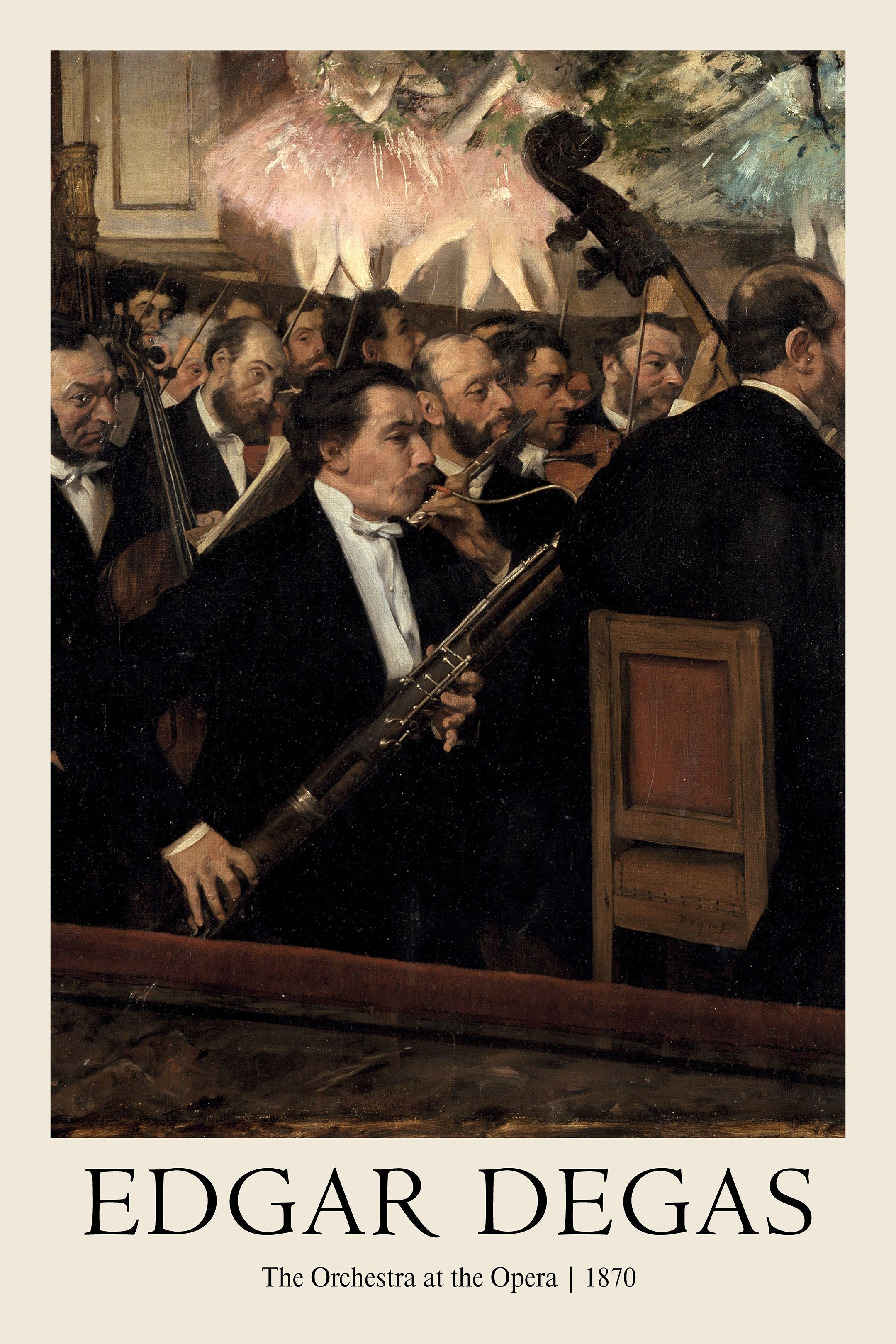 Oil painting by Edgar Degas showing an orchestra pit ensemble, focusing on a bassoon player, with ballet dancers visible above.