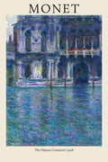 Vertical poster reproduction of Claude Monet's 1908 painting, The Palazzo Contarini, showing a blue Venetian palace reflecting in the vibrant, choppy water.