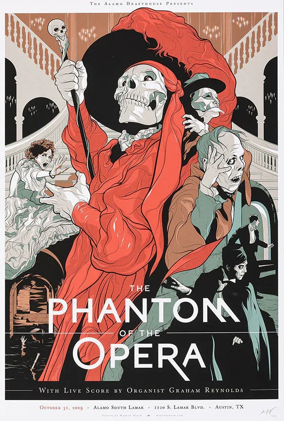 Stylized Phantom of the Opera poster with red-robed skeletal figure, dramatic characters, and grand staircase