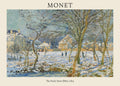 Oil painting by Claude Monet titled "The Pond, Snow Effect," depicting a snowy village landscape with bare trees, soft blue shadows, and small figures.