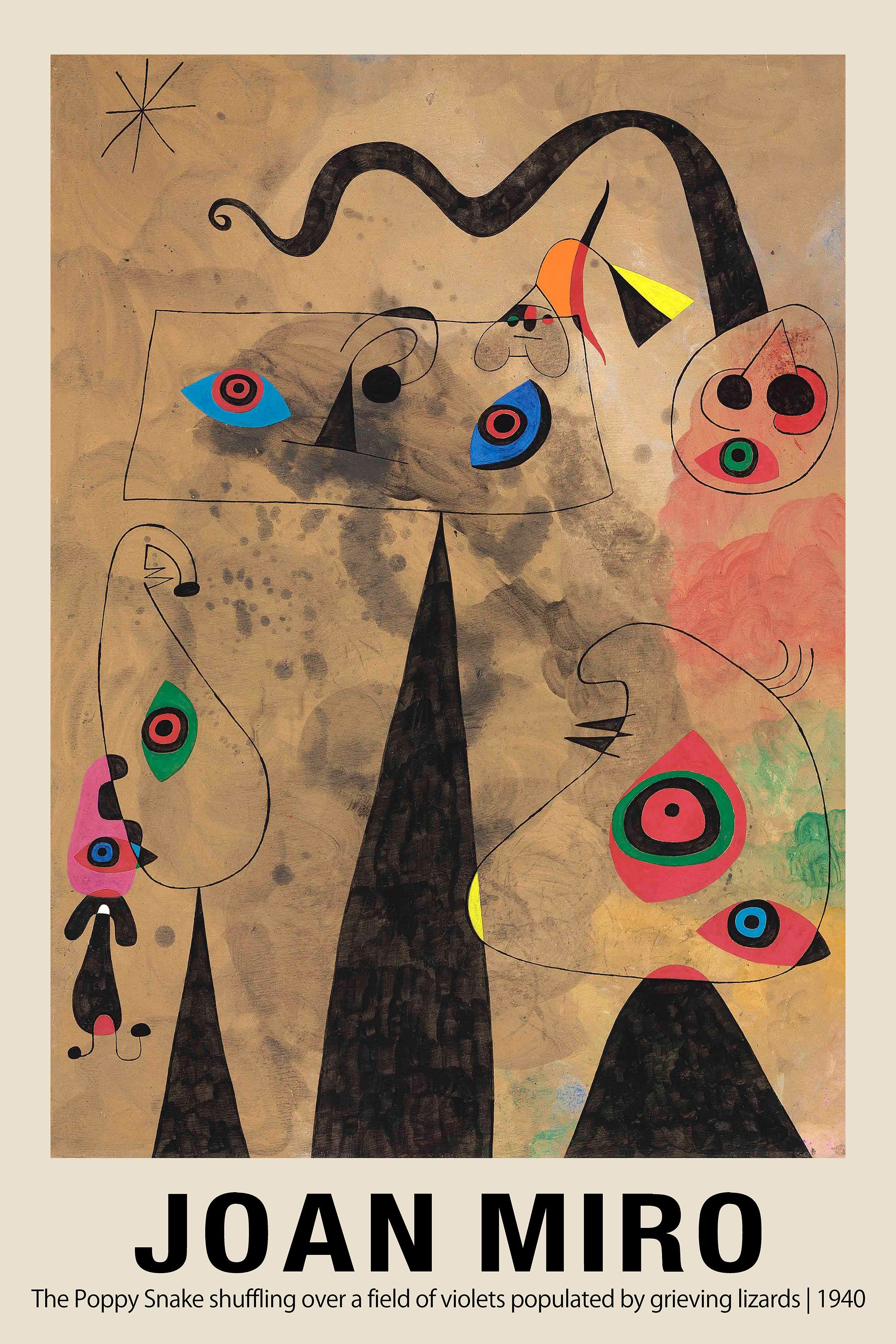 High-quality reproduction of Joan Miró's 1940 painting, "The Poppy Snake," showing colorful abstract figures and black lines on a tan background.