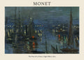 Claude Monet painting of The Port of Le Havre at night, featuring dark blue water, silhouetted boat masts, and bright reflections of yellow lights.