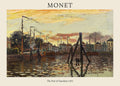 Claude Monet's Impressionist 1871 oil painting "The Port of Zaandam," featuring boats, dark pilings, and an orange sunset reflection on the canal water.