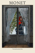 Oil painting by Claude Monet, "The Red Kerchief," showing a woman in a red shawl looking through a window at a snowy landscape. Impressionist art, 1873.