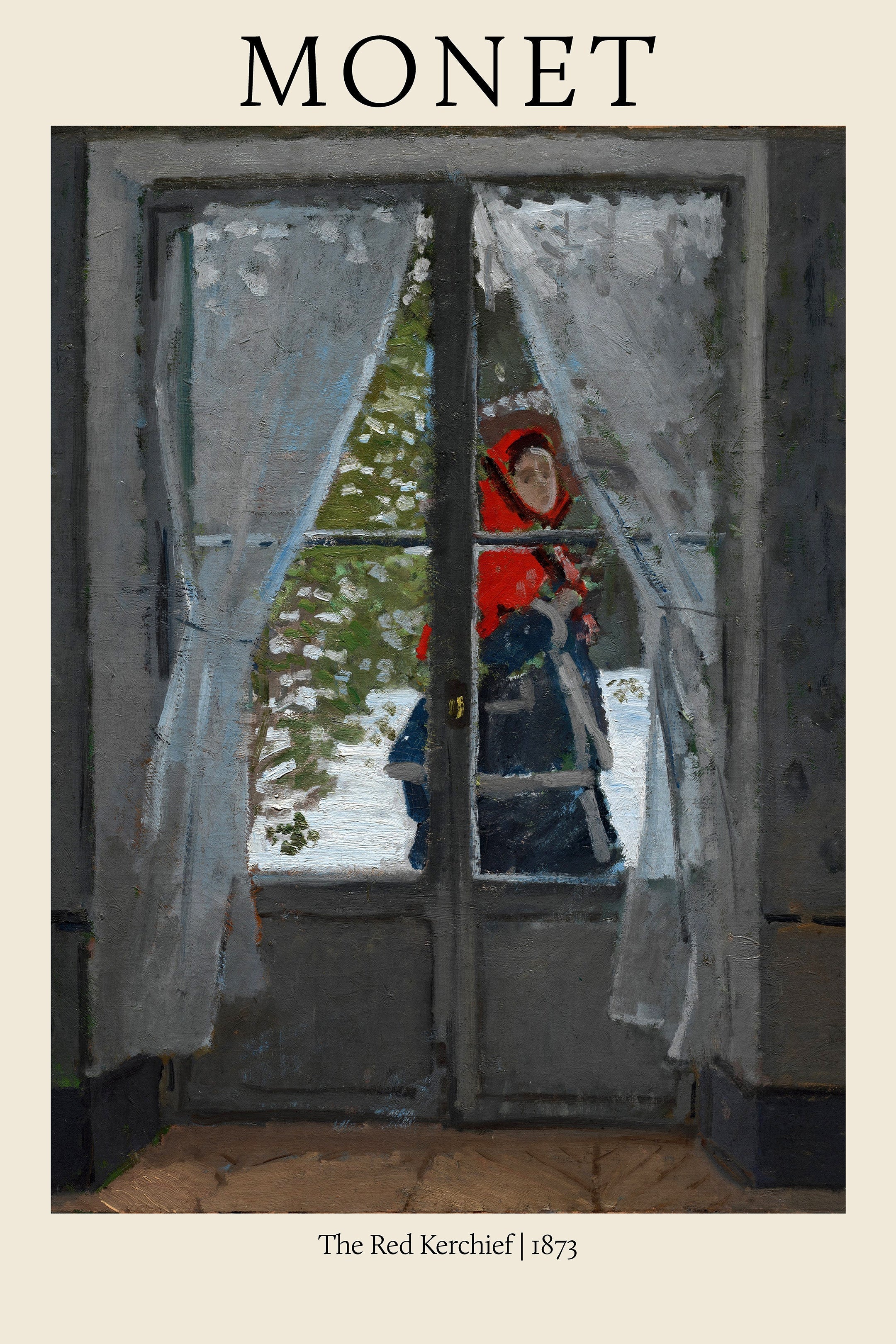 Oil painting by Claude Monet, "The Red Kerchief," showing a woman in a red shawl looking through a window at a snowy landscape. Impressionist art, 1873.