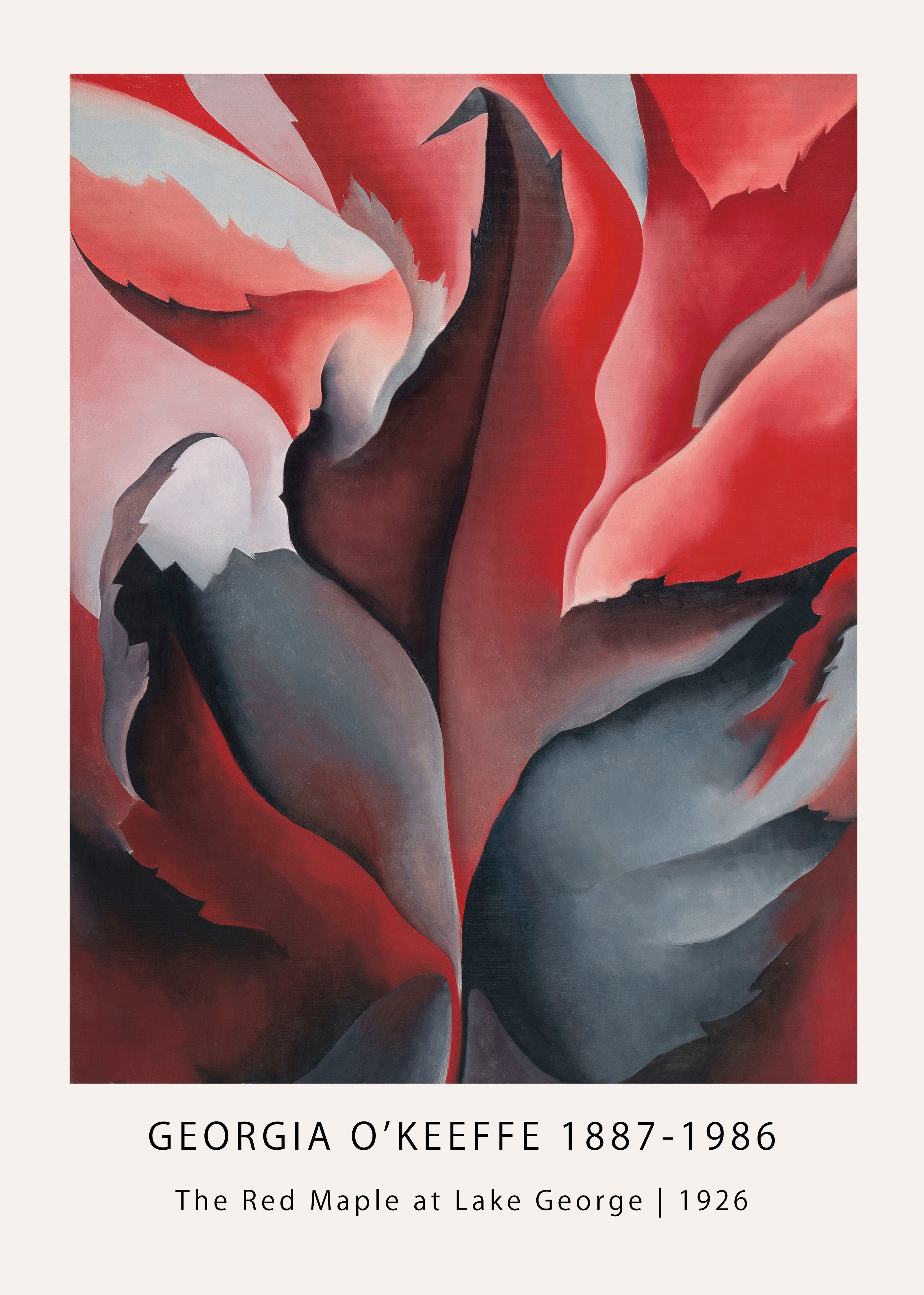 Georgia O'Keeffe oil painting, "The Red Maple at Lake George," featuring dramatic abstract red, dark gray, and pink maple leaf shapes.