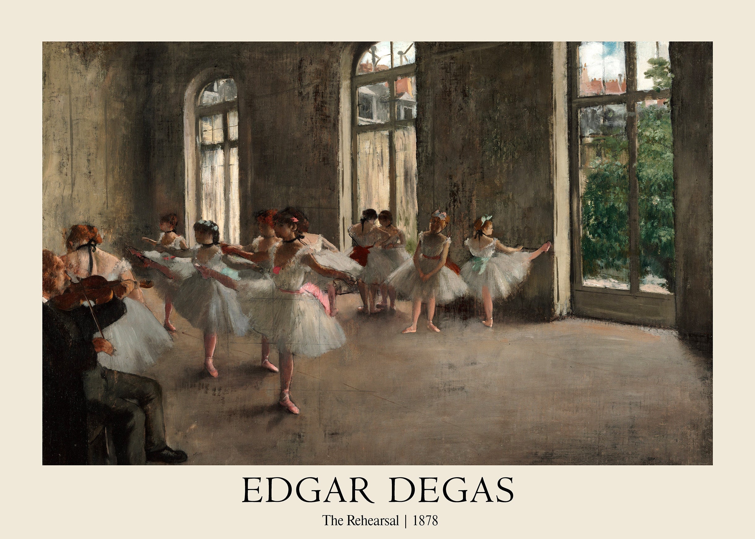 Edgar Degas' famous oil painting, "The Rehearsal," showing a group of ballerinas stretching in a high-ceilinged studio with a musician playing the violin.