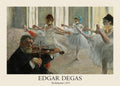 Oil painting "The Rehearsal" by Edgar Degas, depicting ballerinas stretching and practicing in white tutus while a bearded musician plays a violin.