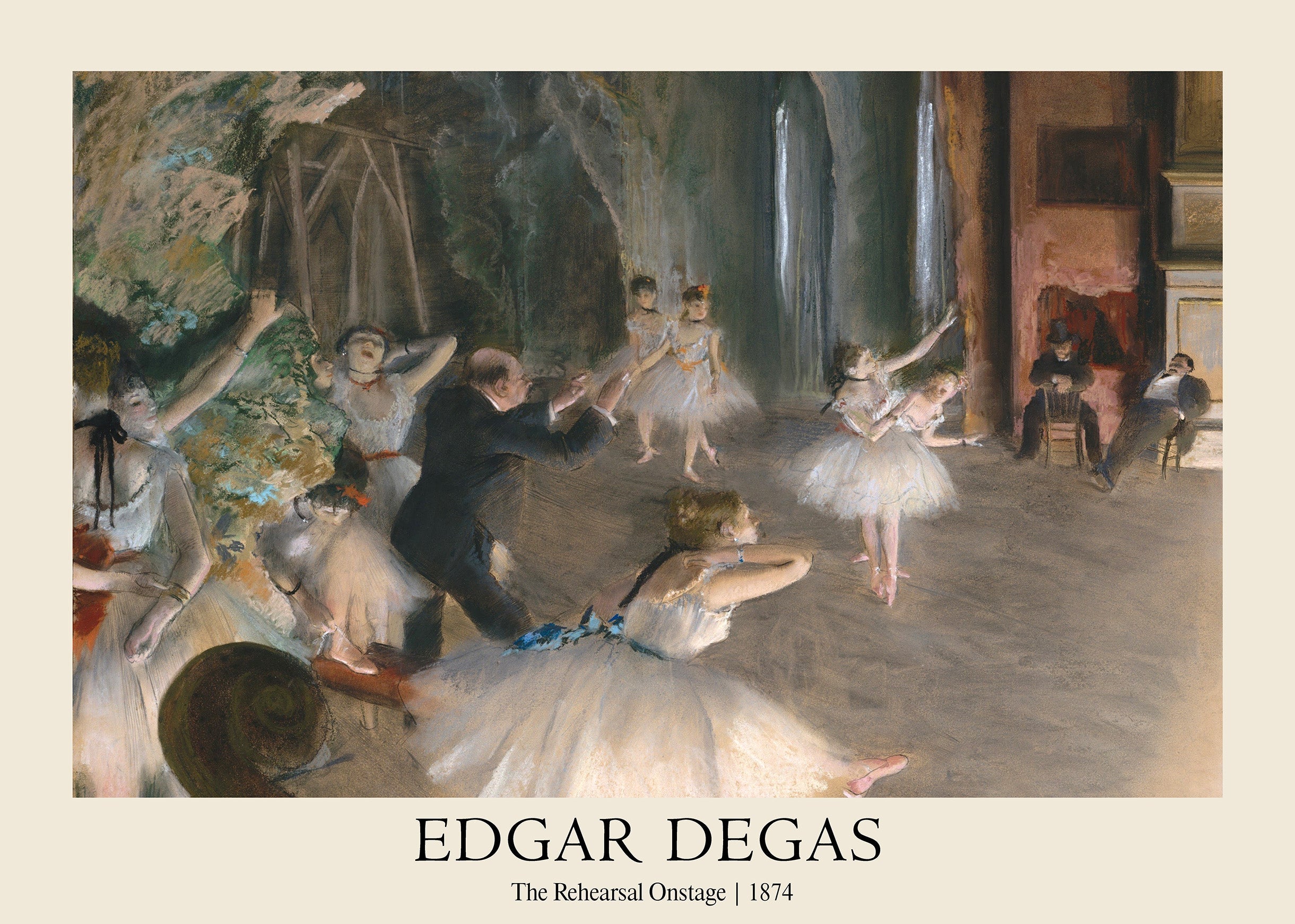 Edgar Degas oil painting, "The Rehearsal Onstage," showing several ballerinas practicing with an instructor in a dimly lit studio, 1874.