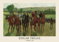 Oil painting by Edgar Degas depicting five jockeys on horseback preparing to race on a grassy green field under a pale sky, 1885.