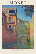 Detailed reproduction of Claude Monet's 1908 painting, "The Rio della Salute," depicting colorful Venetian buildings and a bridge over a blue canal.