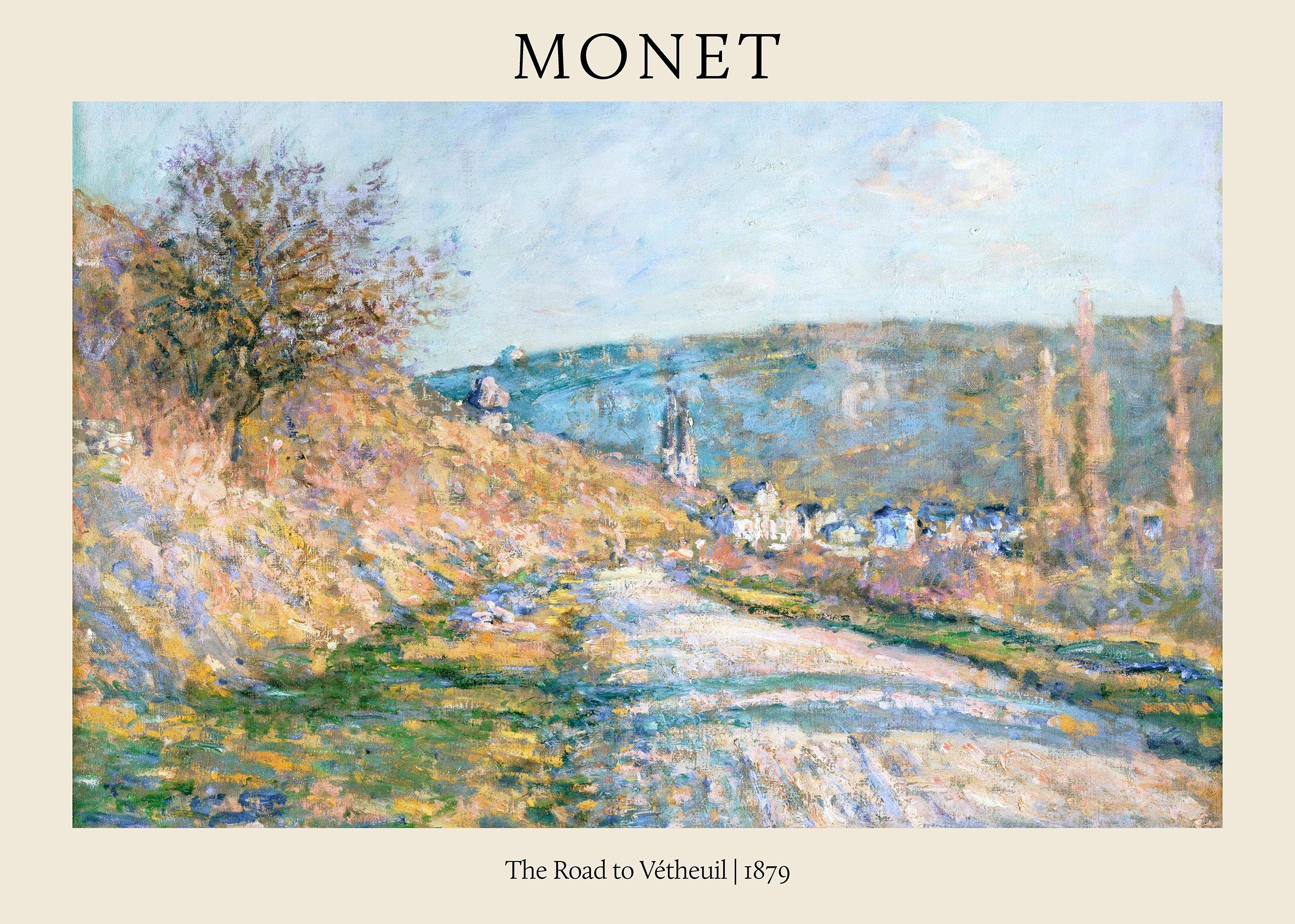 Claude Monet Impressionist painting reproduction, "The Road to Vétheuil," featuring a vibrant, sun-drenched path leading toward a distant French village under a light blue sky.