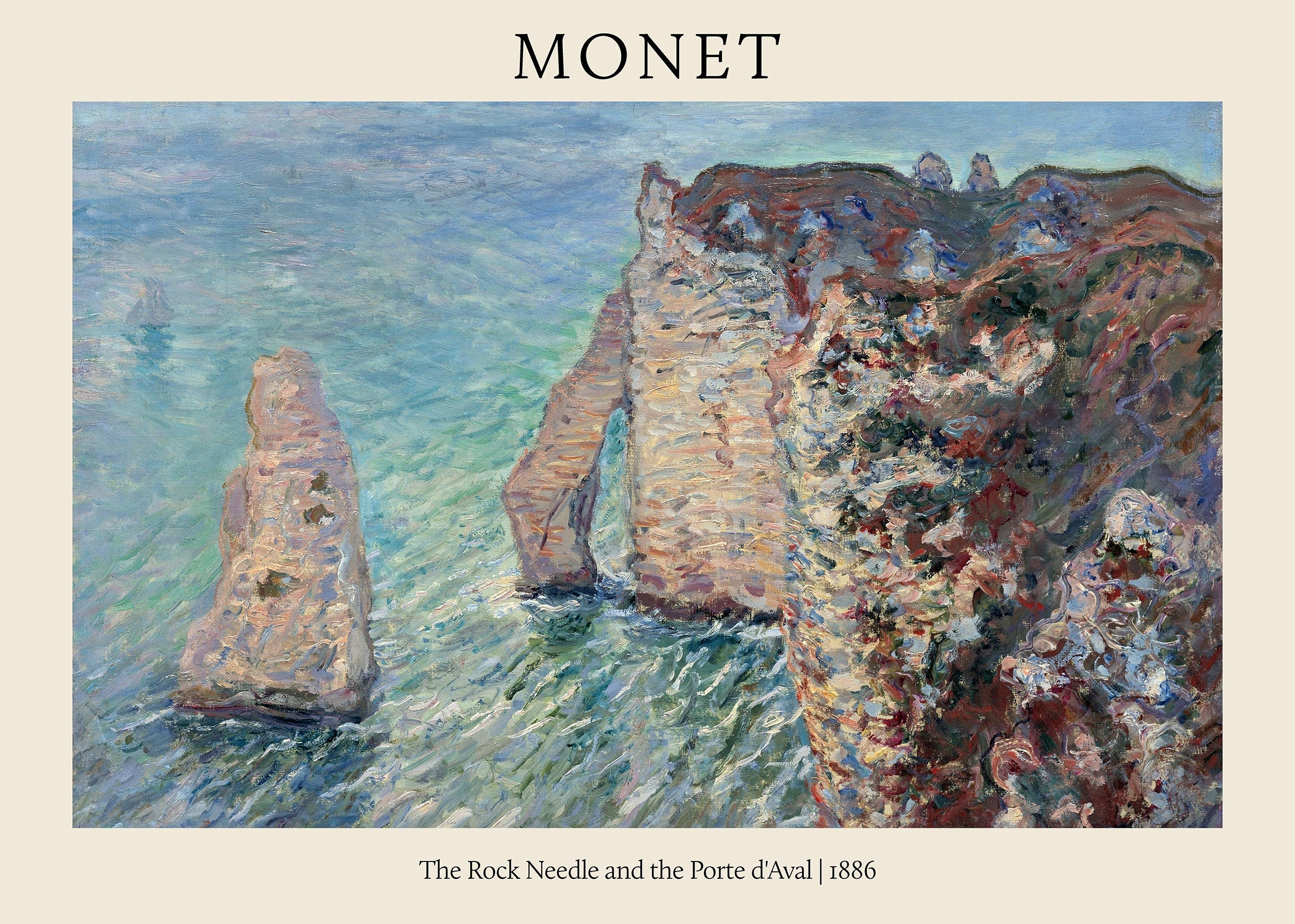 Claude Monet's 1886 Impressionist painting showing the iconic chalk sea stacks, The Rock Needle and the Porte d'Aval, at Étretat.