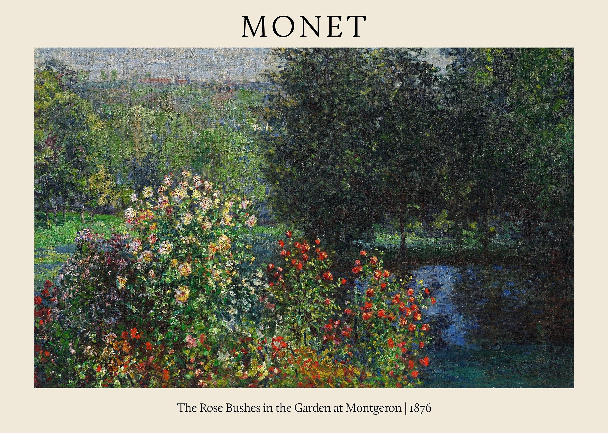 Claude Monet's 1876 painting, "The Rose Bushes in the Garden at Montgeron," showing dense red and yellow floral bushes near a dark pond.