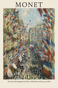 Claude Monet painting "The Rue Montorgueil in Paris," depicting a crowded street filled with red, white, and blue French flags in Impressionist style.