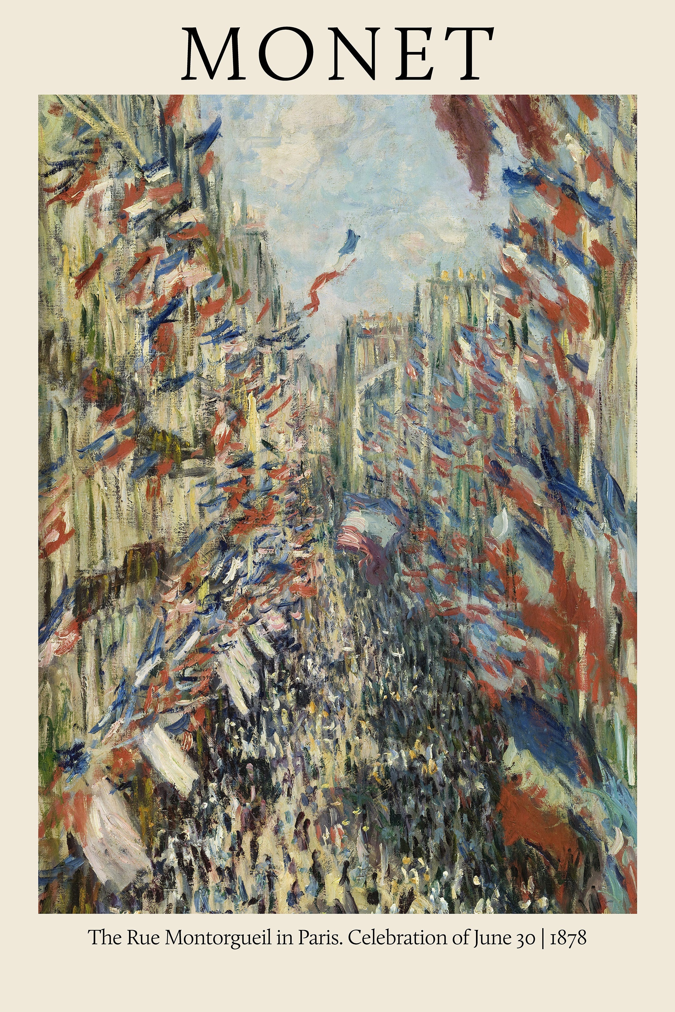 Claude Monet painting "The Rue Montorgueil in Paris," depicting a crowded street filled with red, white, and blue French flags in Impressionist style.