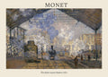 Claude Monet oil painting depicting the vast, industrial train shed of Saint-Lazare station filled with steam, smoke, and soft light.