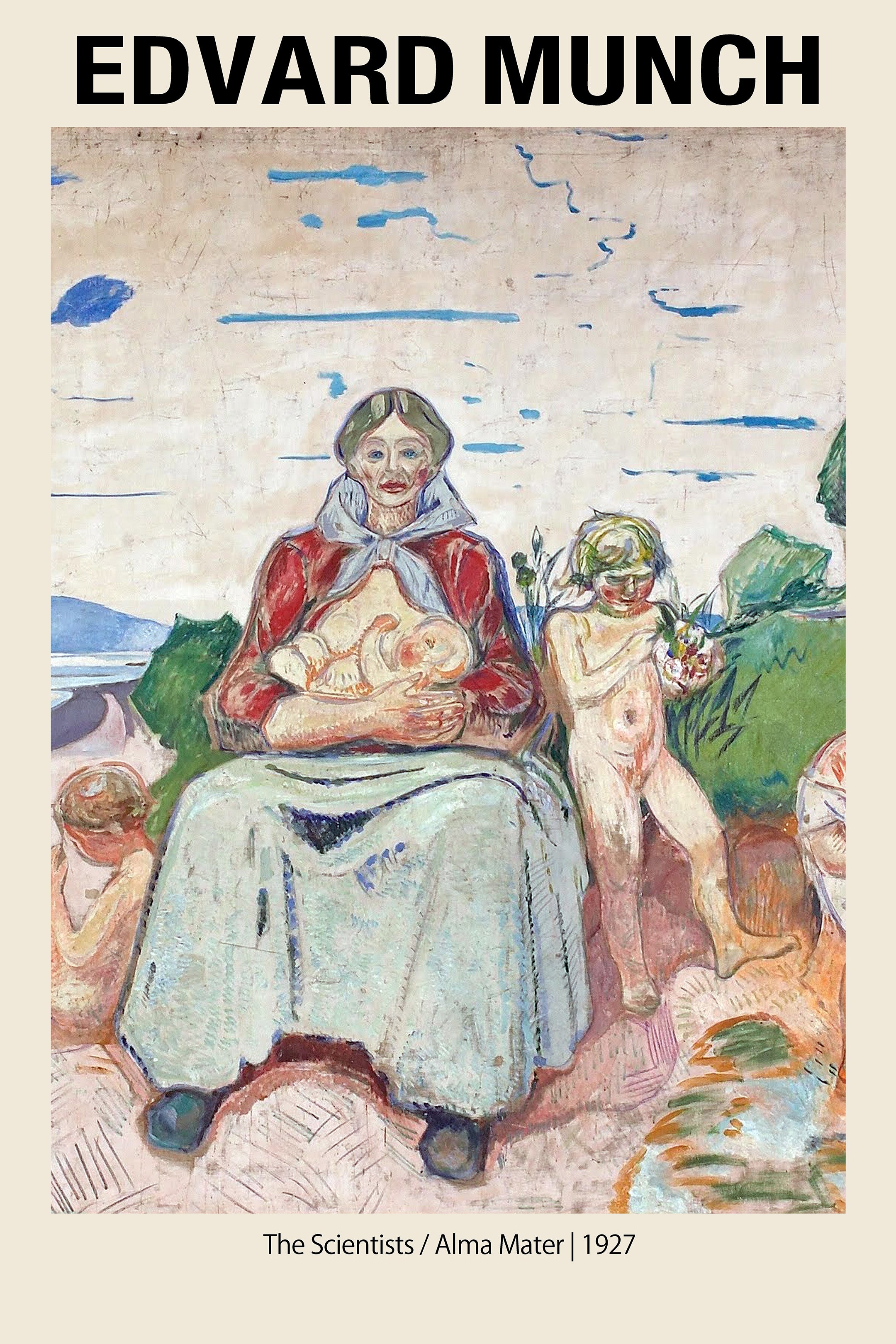 Edvard Munch Expressionist painting "Alma Mater" (1927) showing a central woman holding a child surrounded by nude figures in a landscape.