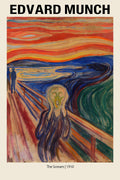Edvard Munch's "The Scream" artwork, showcasing the central figure in distress against an intense, fiery orange and blue expressionist landscape.