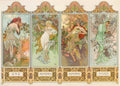 Alphonse Mucha lithograph depicting four distinct vertical panels featuring allegorical women representing Spring, Summer, Autumn, and Winter in flowing Art Nouveau style.