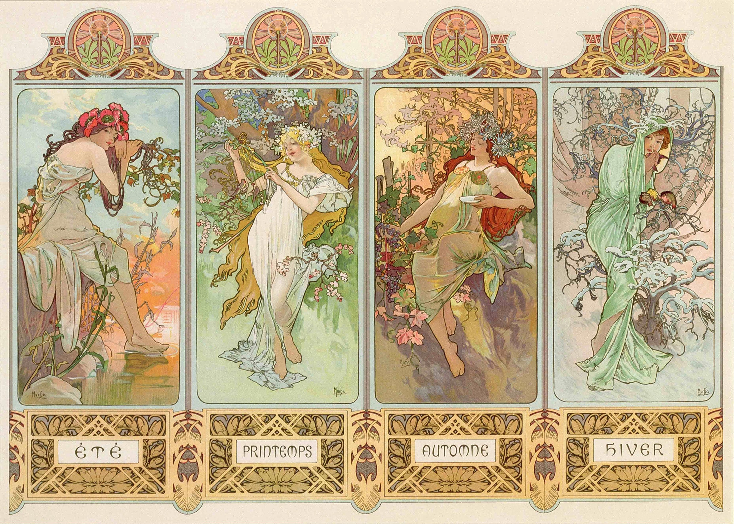 Alphonse Mucha lithograph depicting four distinct vertical panels featuring allegorical women representing Spring, Summer, Autumn, and Winter in flowing Art Nouveau style.