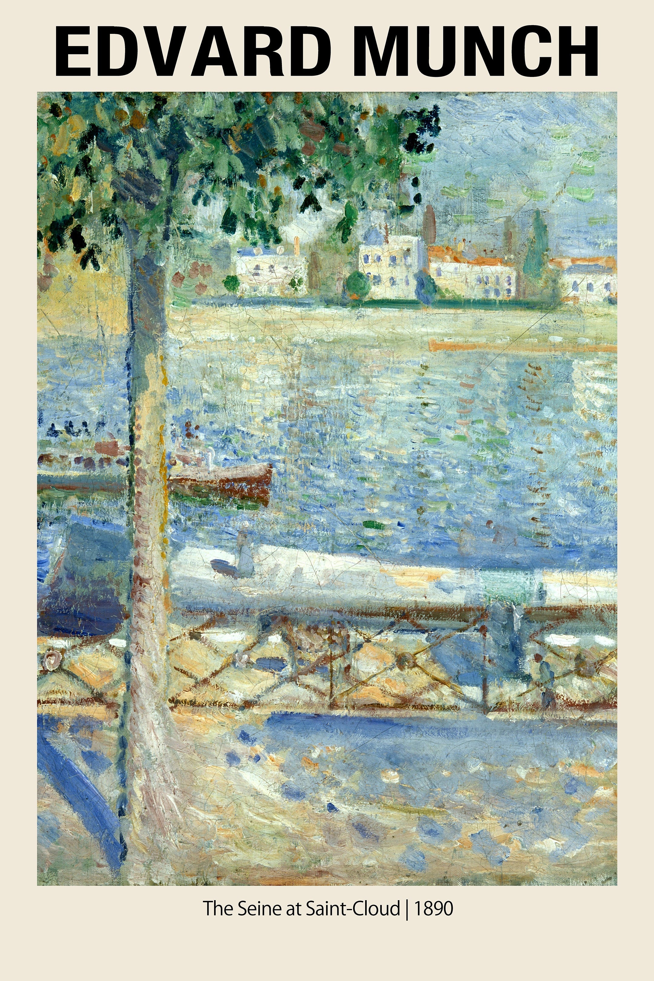 Edvard Munch painting, "The Seine at Saint-Cloud," depicting a textured river scene in France with a tree trunk in the foreground and distant white buildings.