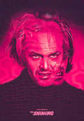 Stylized red and pink portrait of The Shining's Jack Torrance with layered faces and hexagonal background