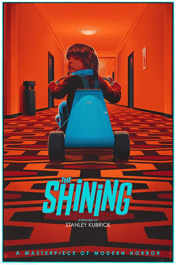 Illustration of a child on a blue tricycle in a red patterned hotel hallway, poster for The Shining