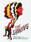 The Shining poster art with layered colorful profiles and menacing figure holding an axe