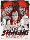 The Shining movie poster illustration with Jack Nicholson and key characters in red, black, and white