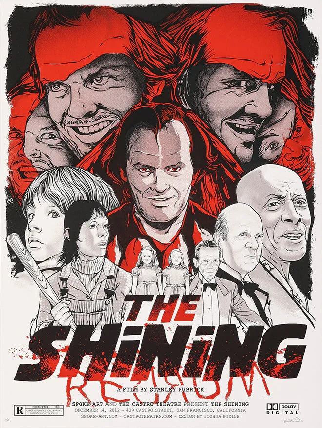 The Shining movie poster illustration with Jack Nicholson and key characters in red, black, and white
