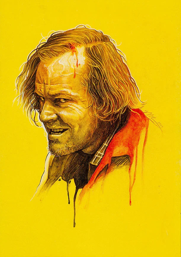 Detailed art portrait of a man with blood on forehead and red jacket against bright yellow background