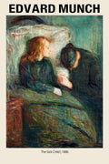 Edvard Munch painting depicting a red-haired sick child in bed being comforted by a dark figure holding her hand, featuring brushy green and brown expressionistic textures.