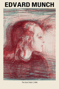 Poster of Edvard Munch's 1896 lithograph "The Sick Child I," featuring a profile of a figure composed of distressed red and blue chalk strokes.