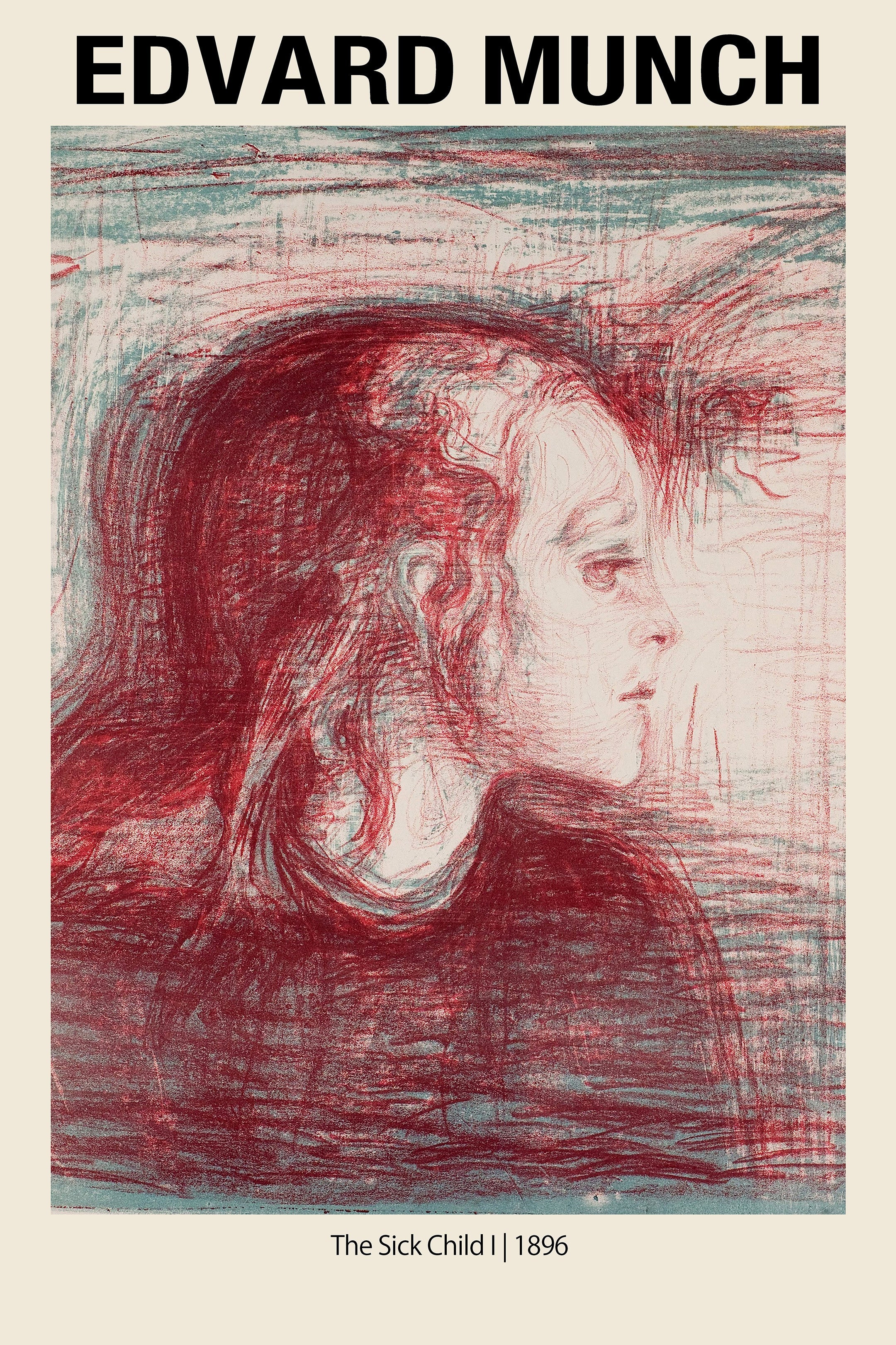 Poster of Edvard Munch's 1896 lithograph "The Sick Child I," featuring a profile of a figure composed of distressed red and blue chalk strokes.