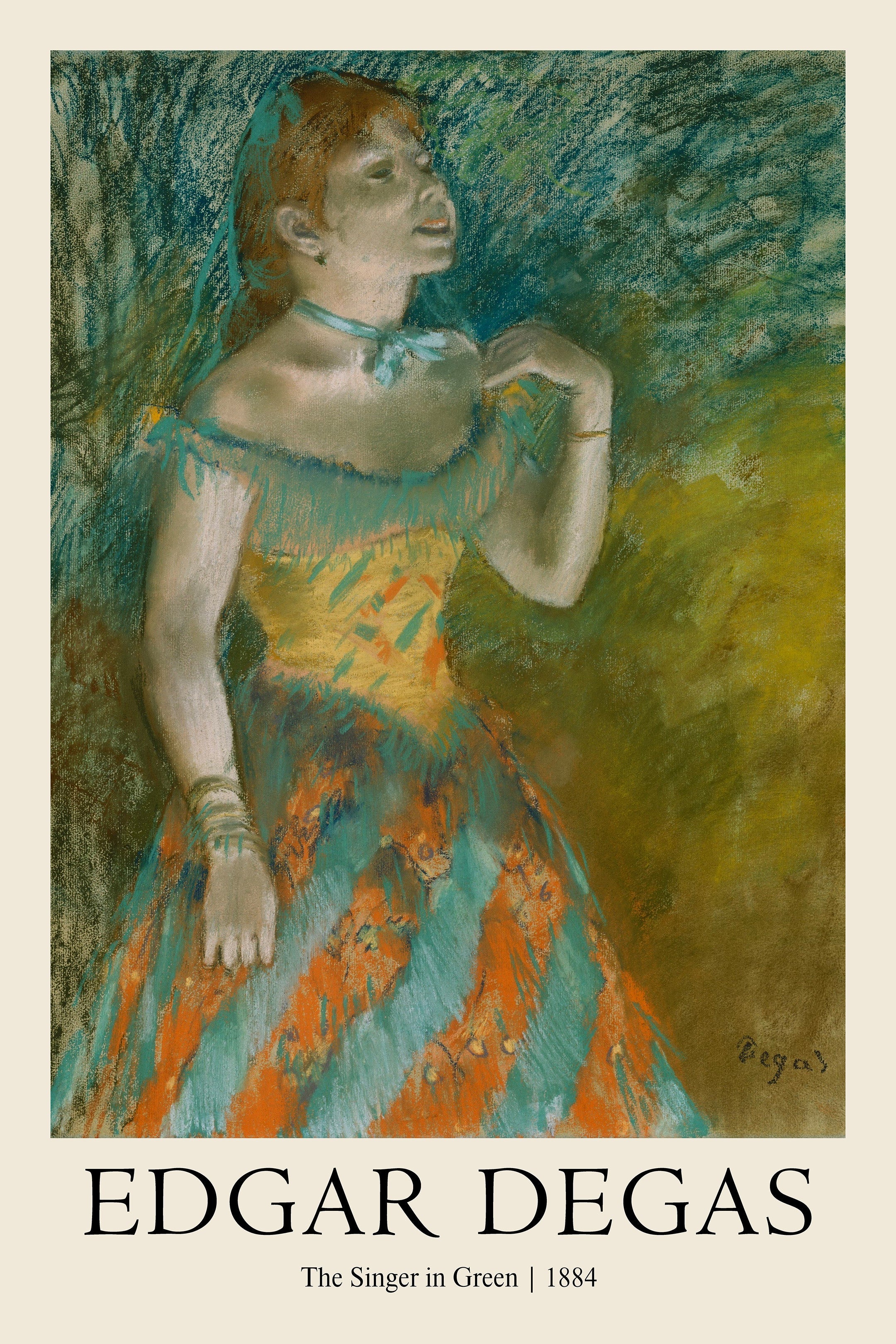 Reproduction print of Edgar Degas' 1884 pastel, "The Singer in Green," showing a woman in a vibrant teal and orange dress singing on stage.