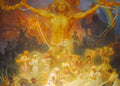Monumental allegorical painting by Alphonse Mucha showing a heroic golden figure with outstretched arms above historical Slavic figures and flags.