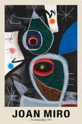 Abstract expressionist poster by Joan Miró titled "The Sleepwalker" (1974), featuring bold primary colors, thick lines, and surreal, primitive face shapes on a black background.